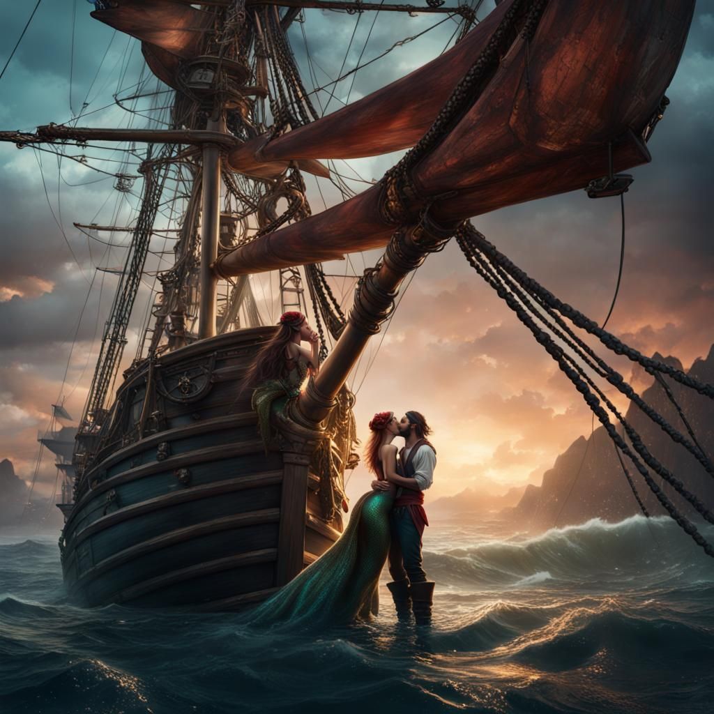 Mermaid and Pirate Kiss on Ship: Fantasy Art