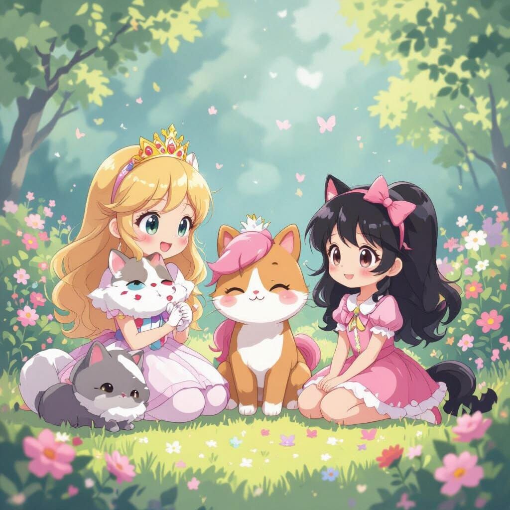 Princess, Cat, Pony Girl, and Kuromi Together in Pastel Drea...