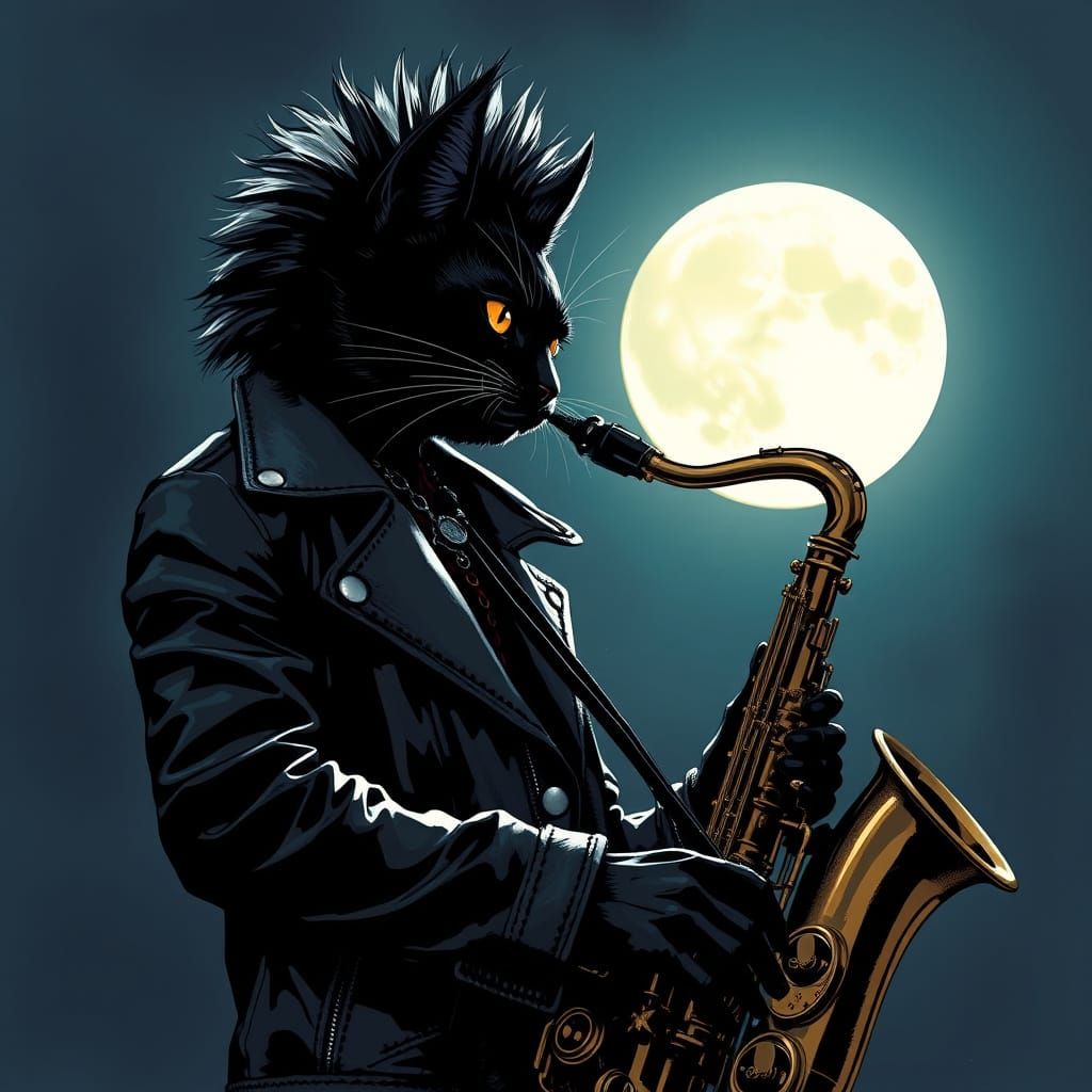 Punk Cat Saxophonist Under the Moon, Moebius Style