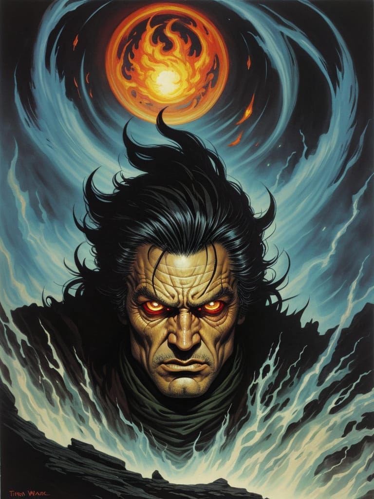 Dark Fantasy Mage Portrait in Fury Flame Eyes Style