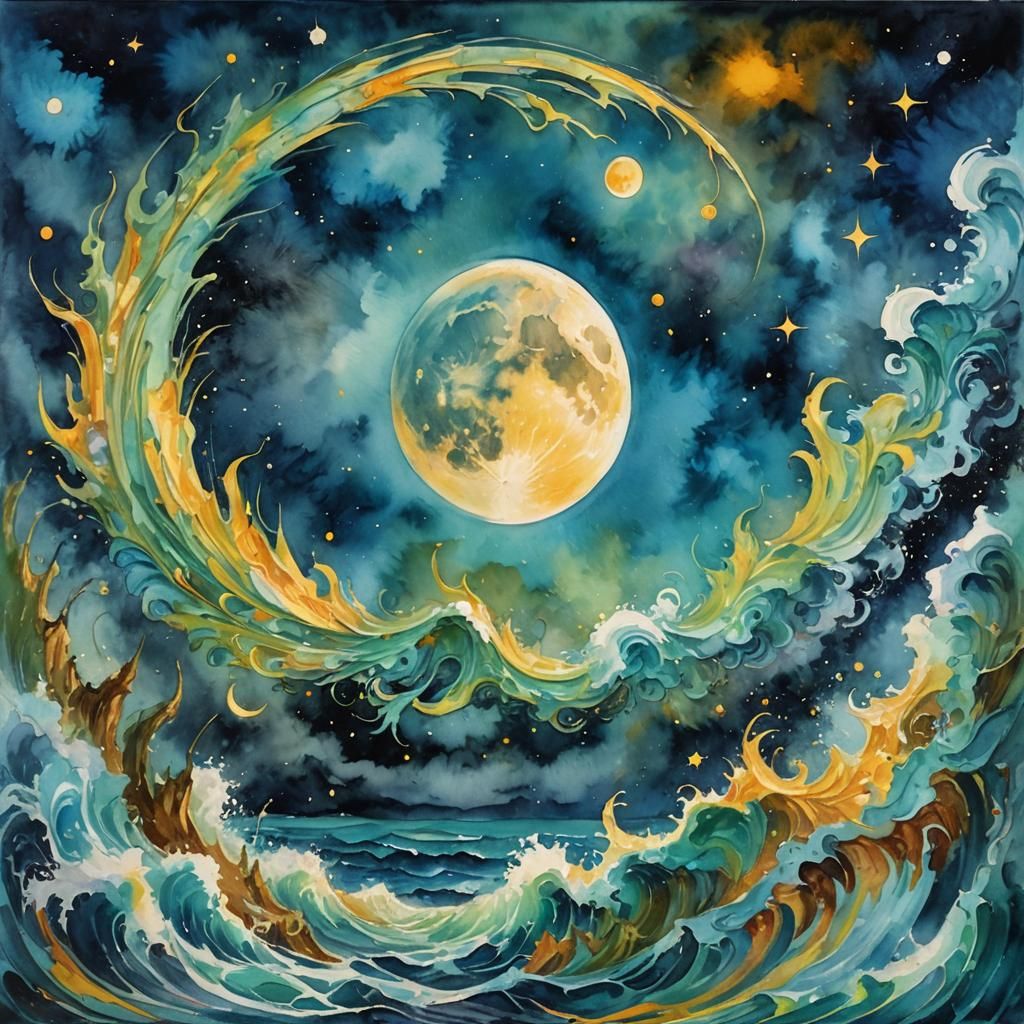 Aquarius Moon in Gouache Style