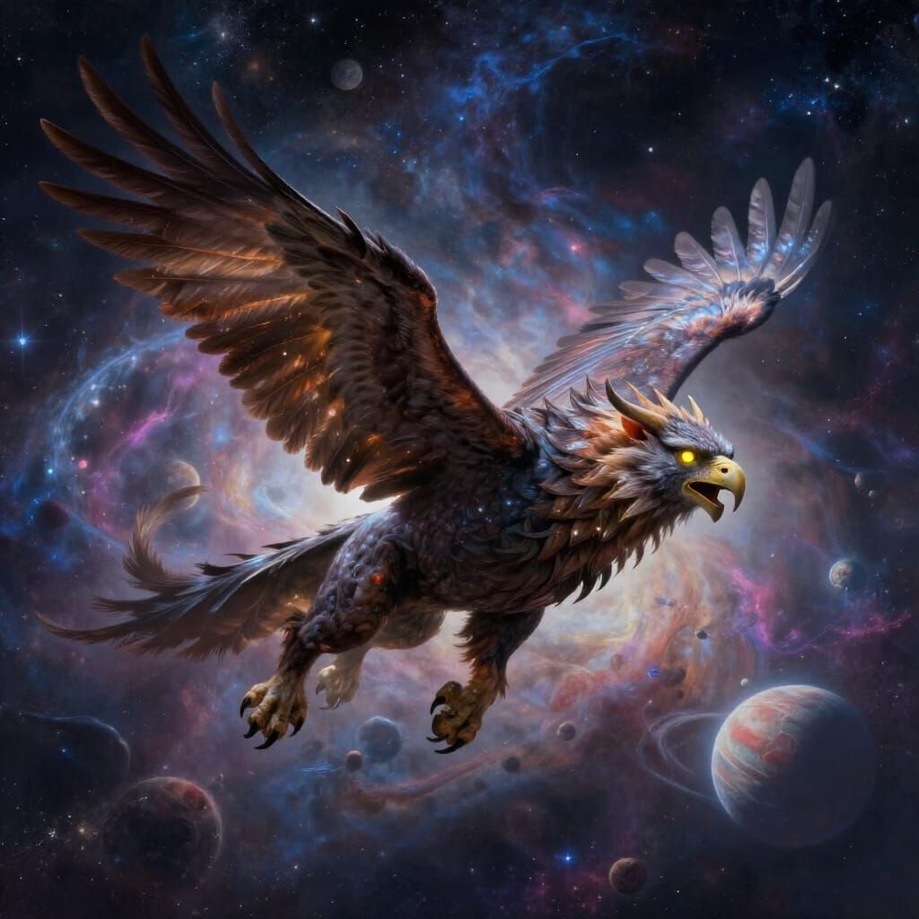 Majestic Griffin Soars Through Cosmic Nebula Sky