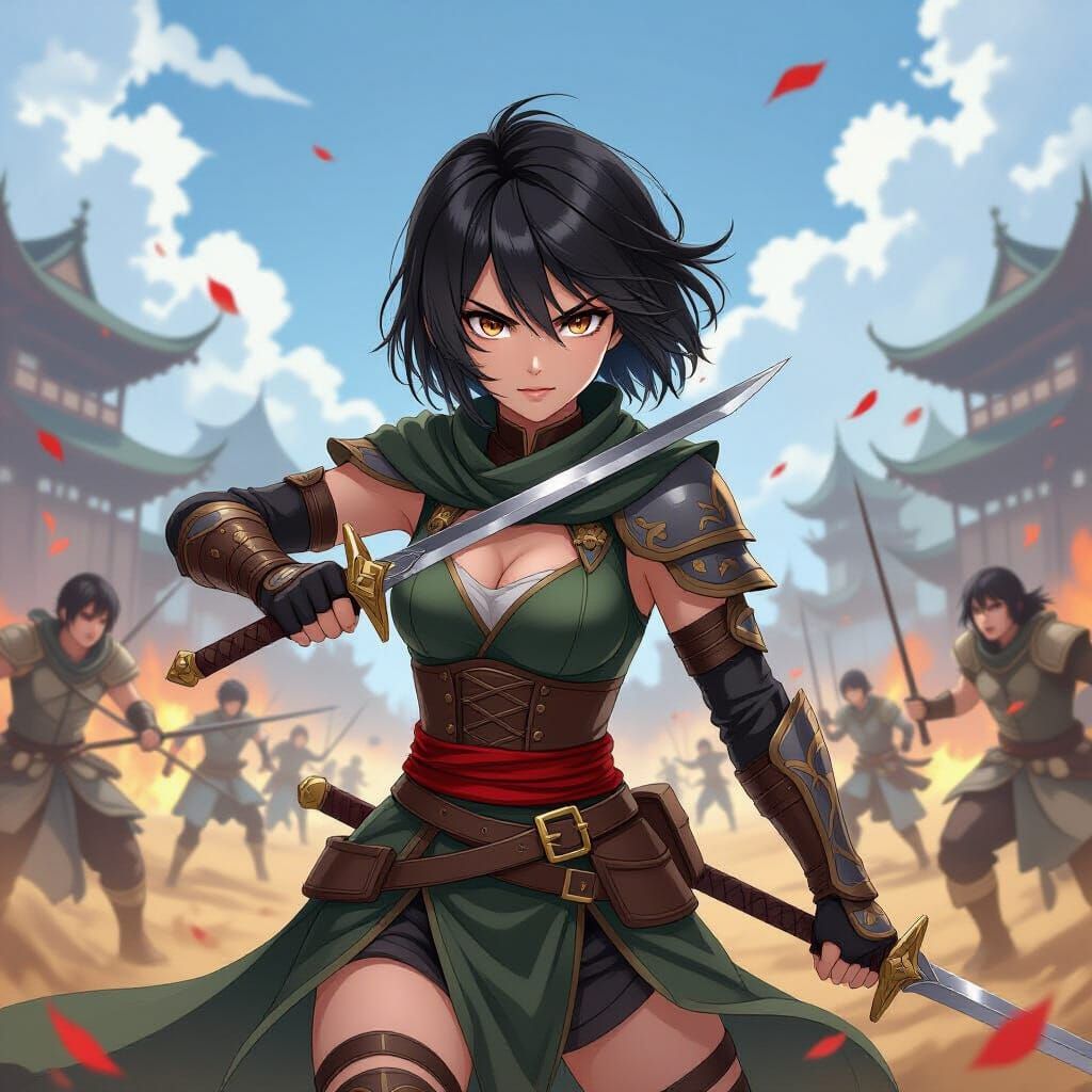 Anime Warrior Wielding Daggers on Battlefield