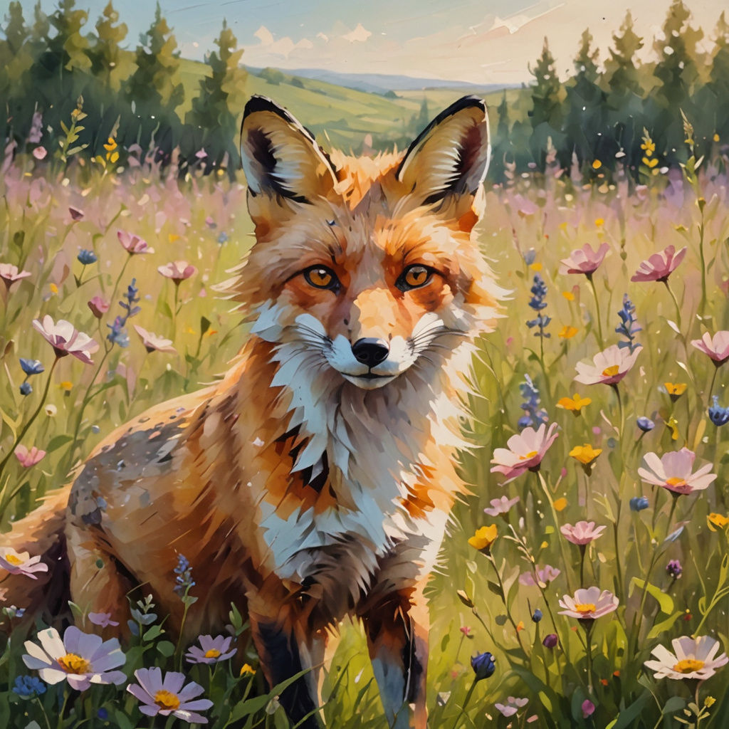 Surreal Impressionistic Fox Enjoys Whimsical Wildflower Scen...