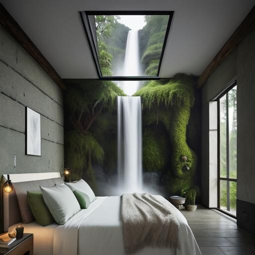 Minimalist Stone and Moss Bedroom with Waterfall View
