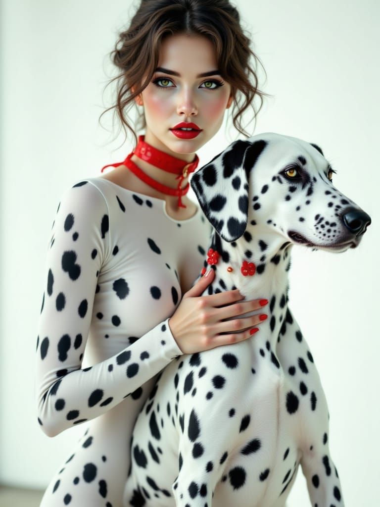 Dalmatian-Painted Woman and Dog in Cinematic Photo