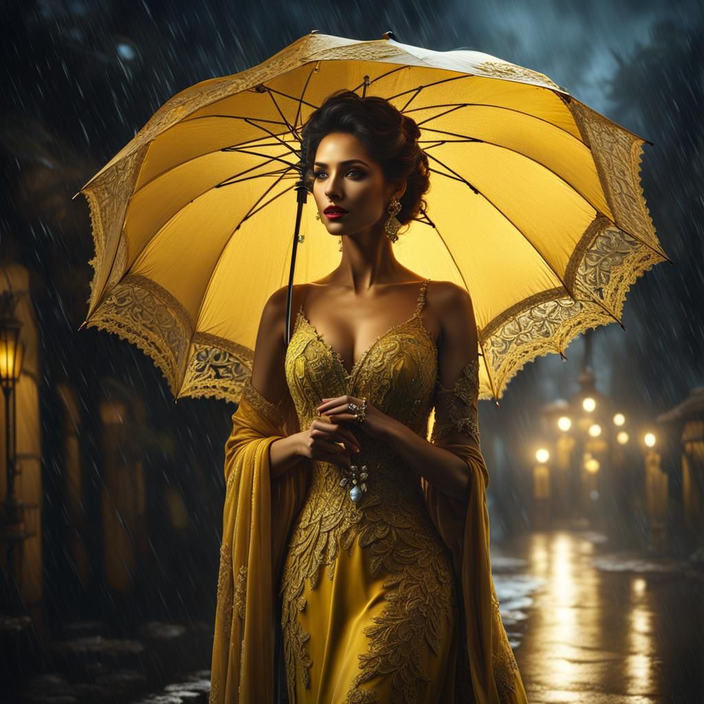 Woman in Lace Gown with Yellow Umbrella