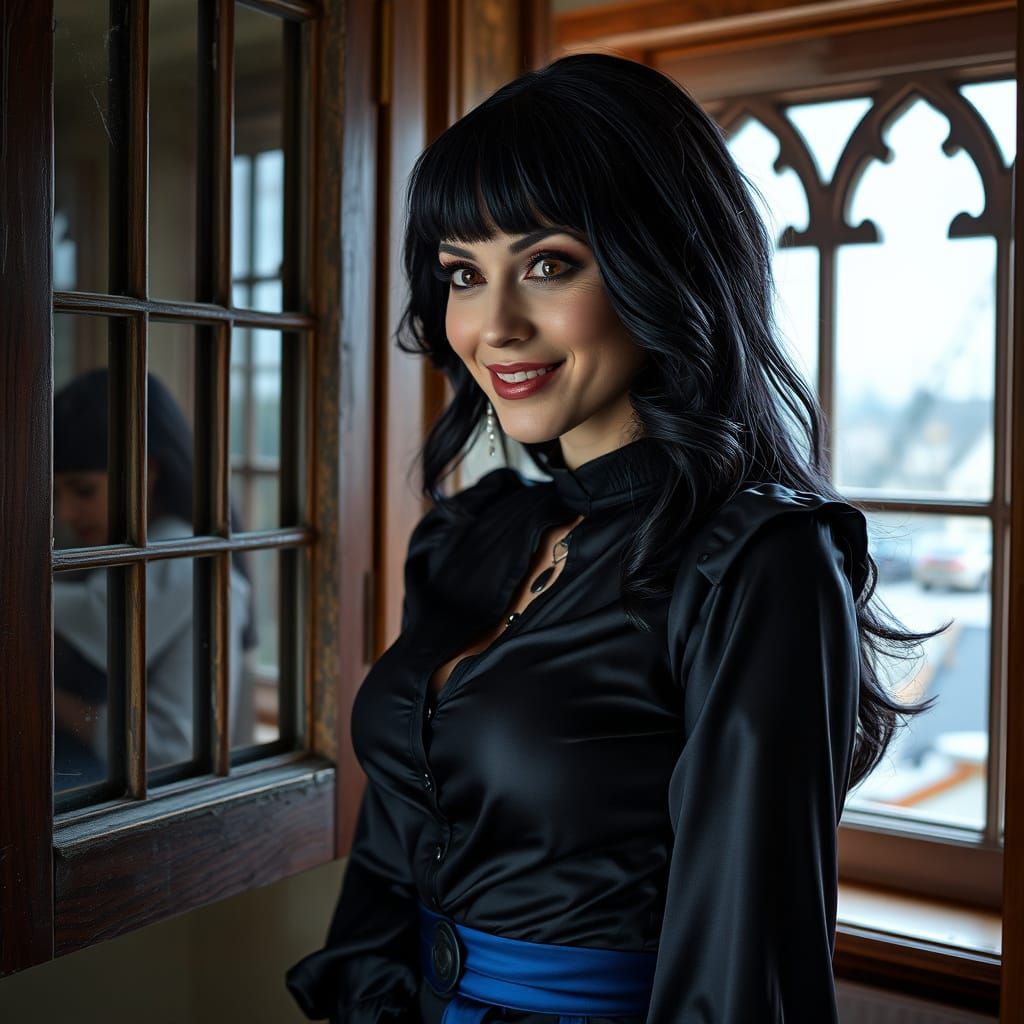 Gothic Woman with Copper Eyes Looking Out Window