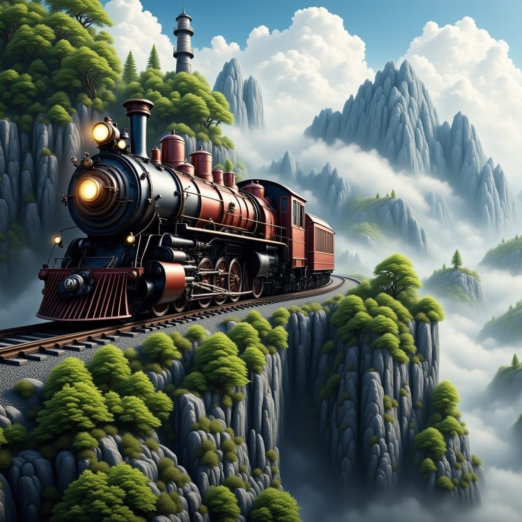 Futuristic Steampunk Train Rides the Karst Mountain Cliff