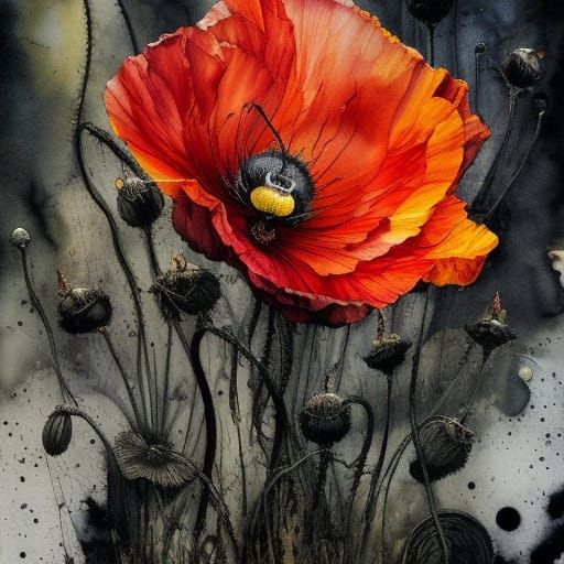 Bumblebee on Poppies in Detailed Gouache Style