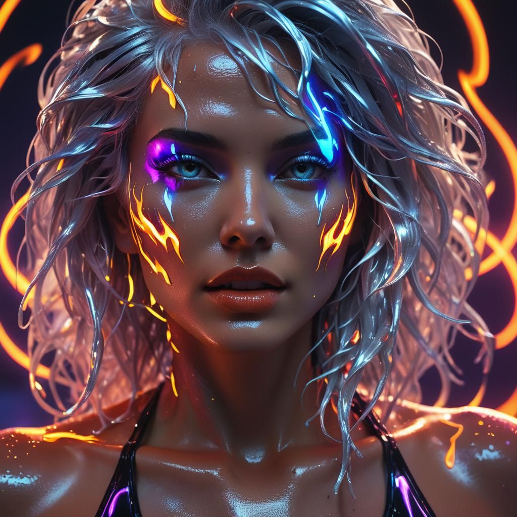 Neon Fire Woman in Synthwave Futurism