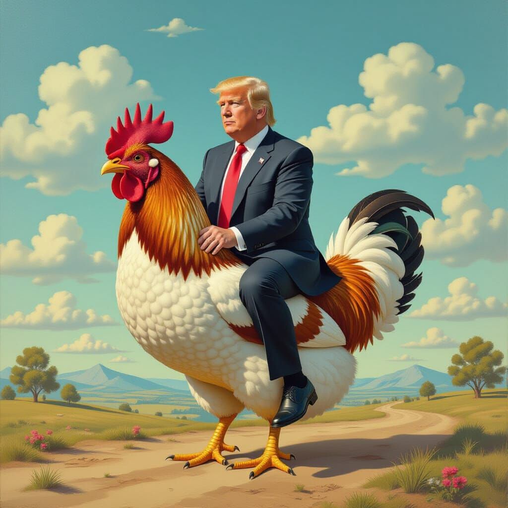 Surreal Man Riding Chicken in Vibrant Colors