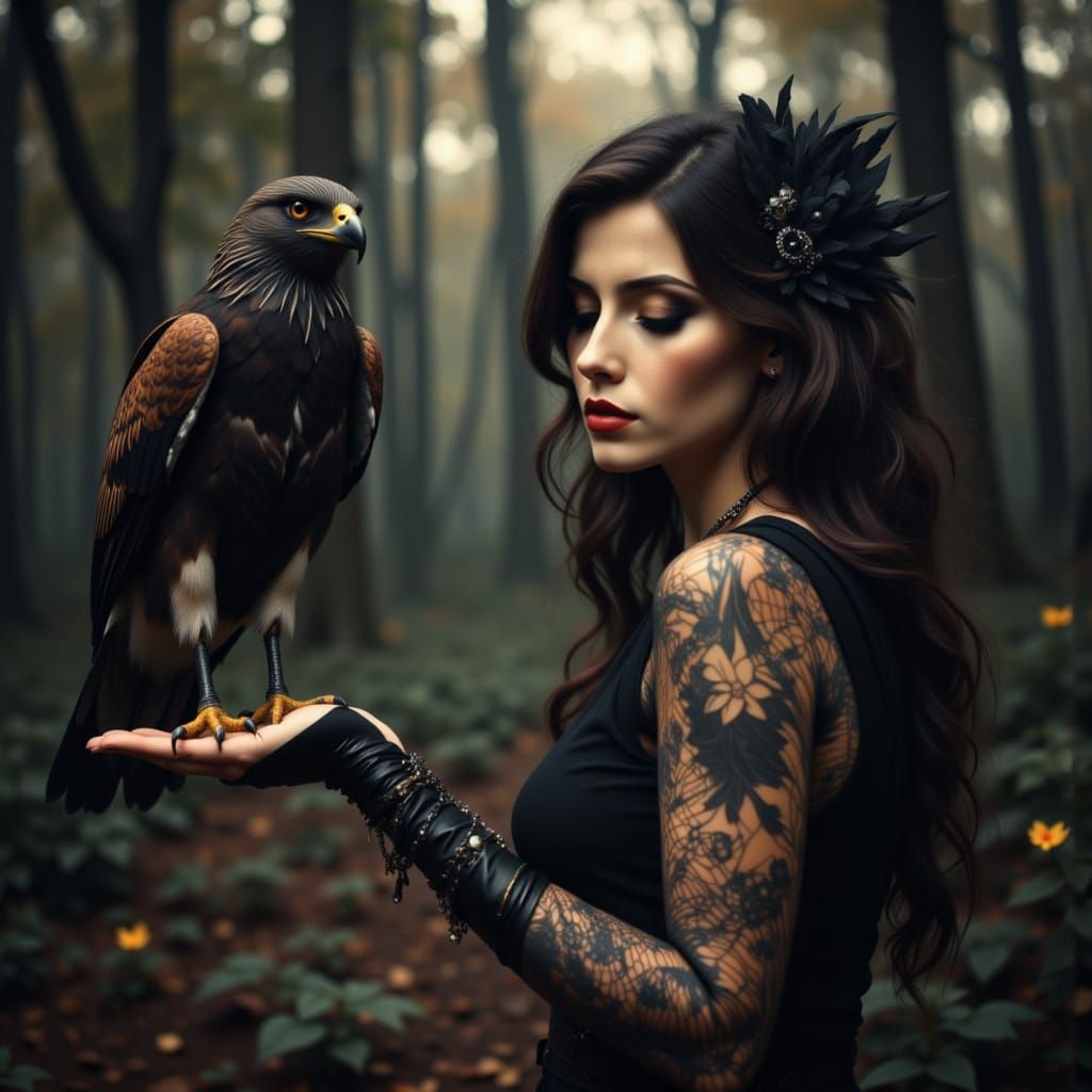 Woman with Bird of Prey in Forest at Dusk