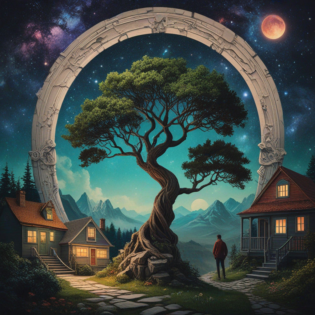 Surreal Cosmic Dreamscape with Ancient Bonsai and Victorian...