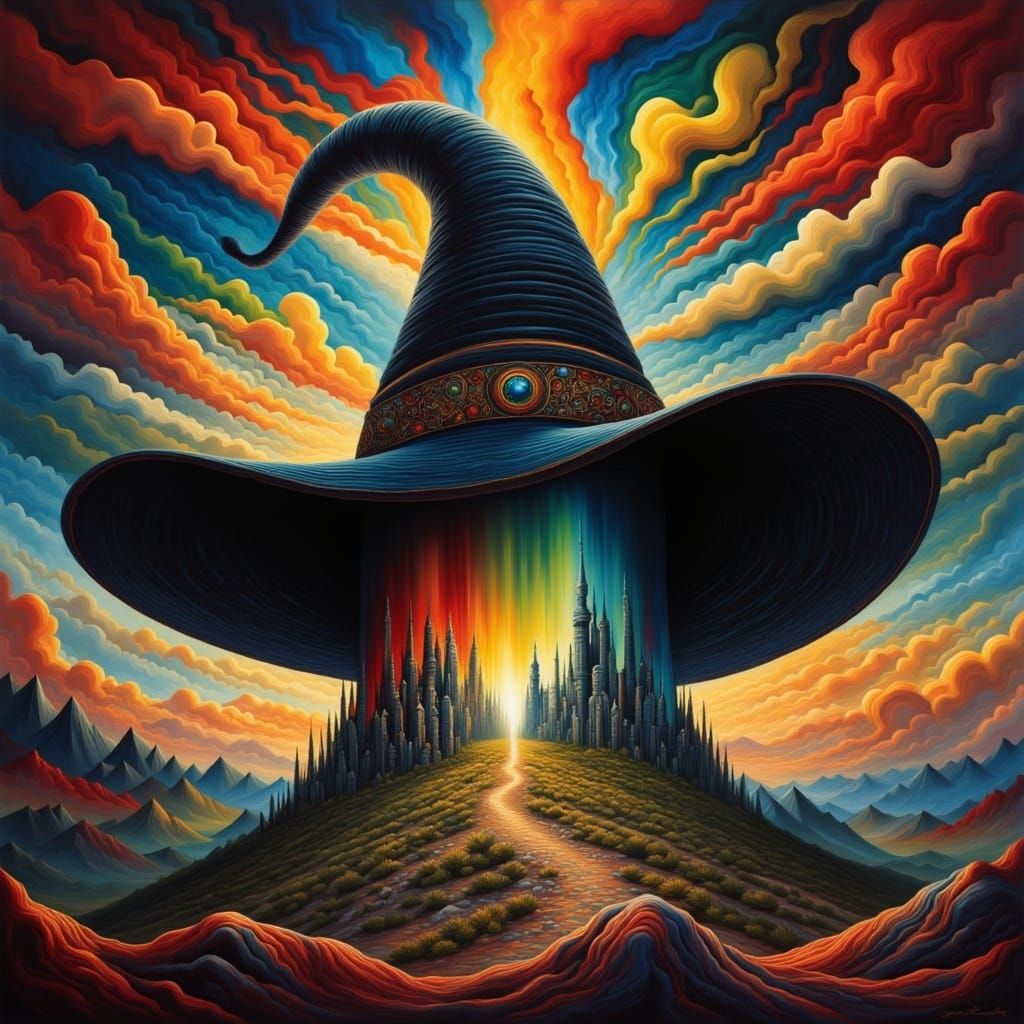 Mystical Emerald City Radiates from a Black Witch's Hat