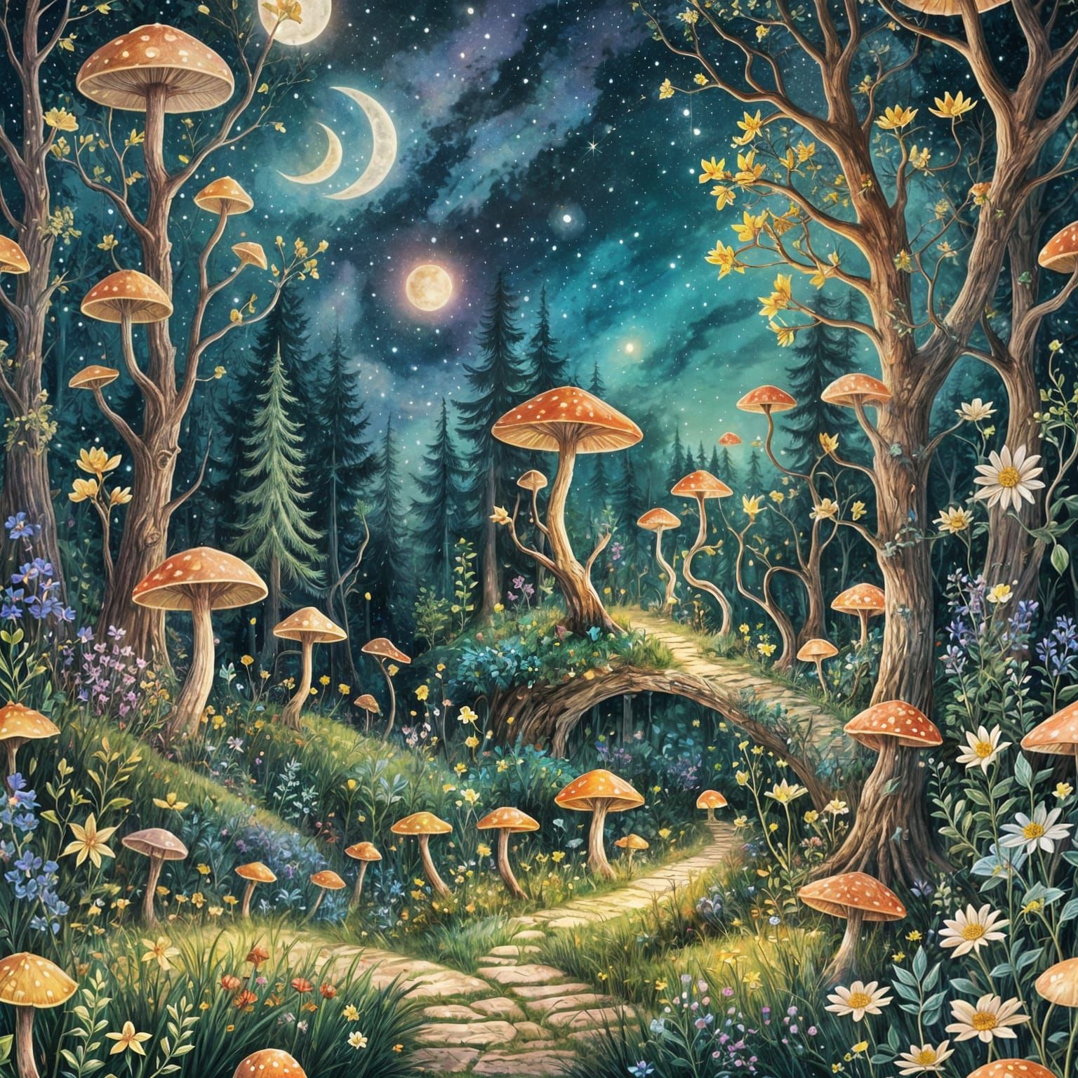 Whimsical Fantasy Forest Aglow at Night