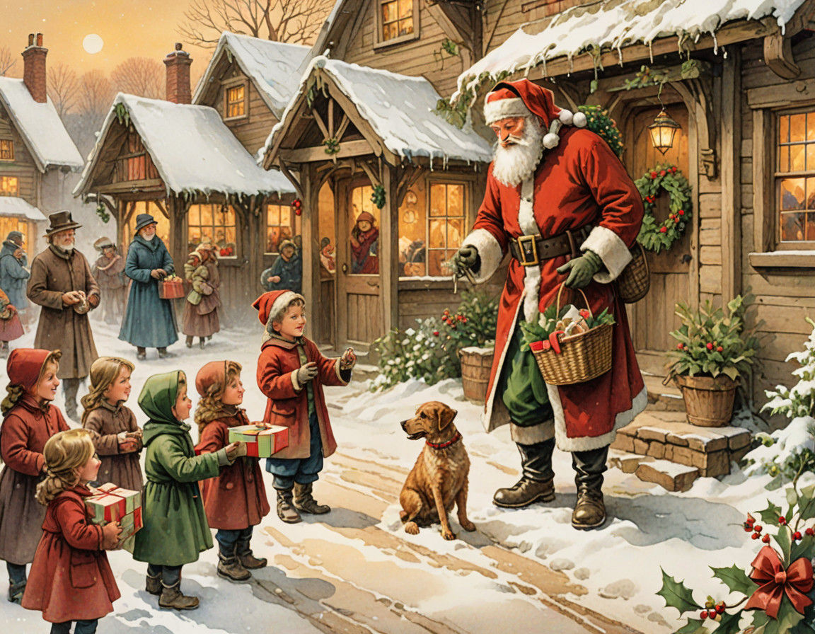 Victorian Christmas Scene with Santa and Children in Snowy V...