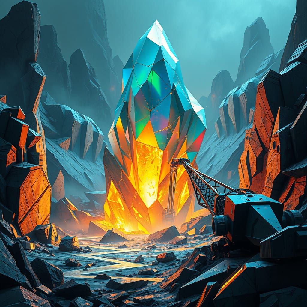 Futuristic Mining Scene: Geometric Crystal Landscape in Meta...