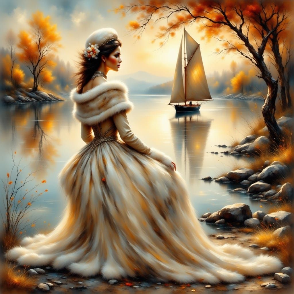 Queen Gazes at Yacht in Autumnal Sunset