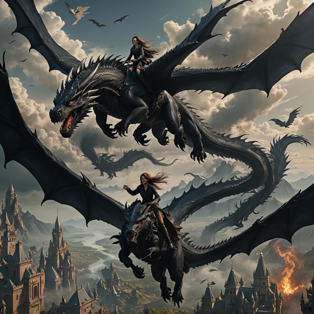 Riders on Black Dragon in Flight