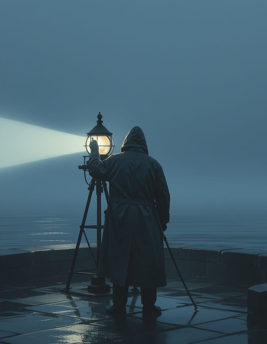 Lighthouse Keeper Cleaning Lamp in Swirling Fog