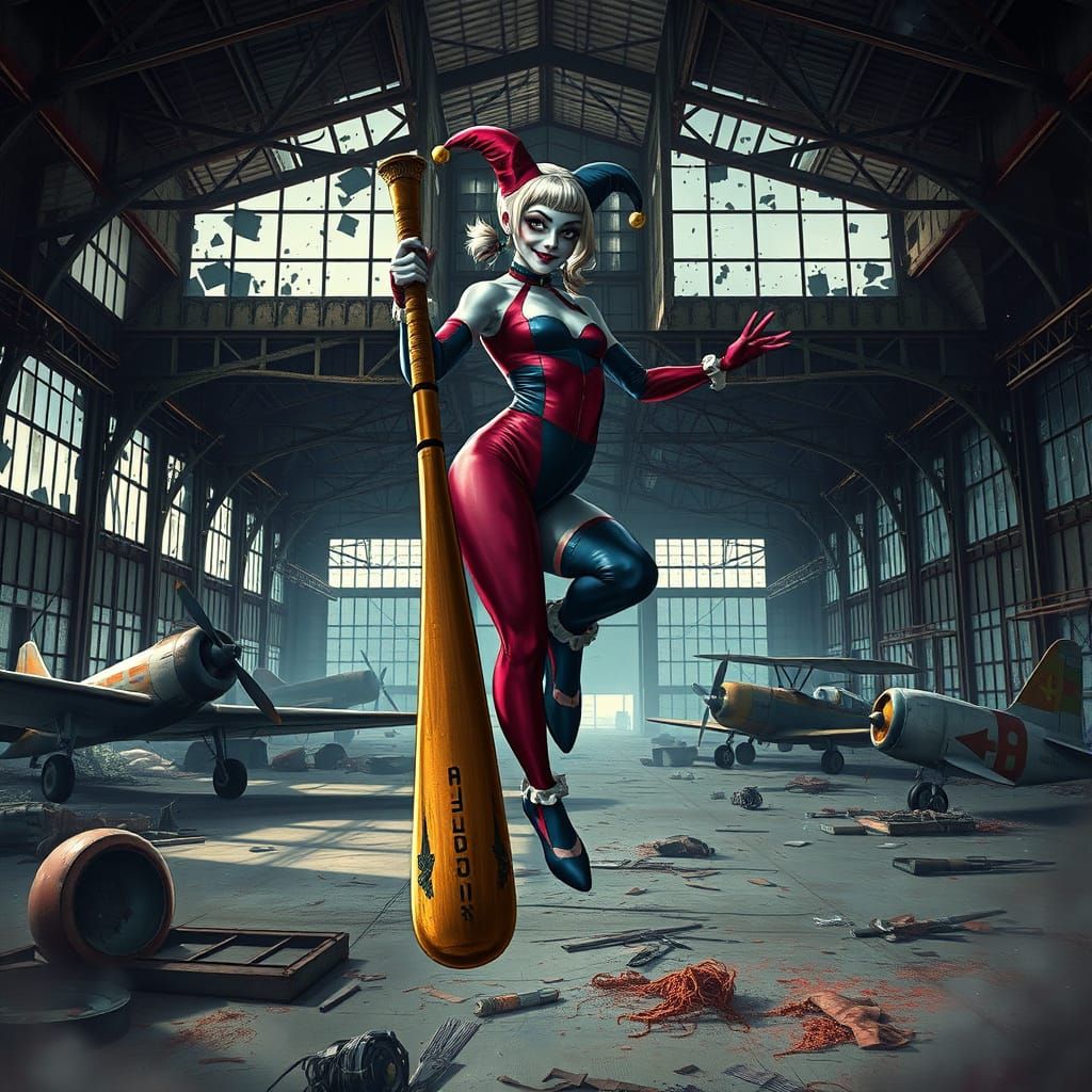 Harley Quinn Balances in Abandoned Hangar in Whimsical Style