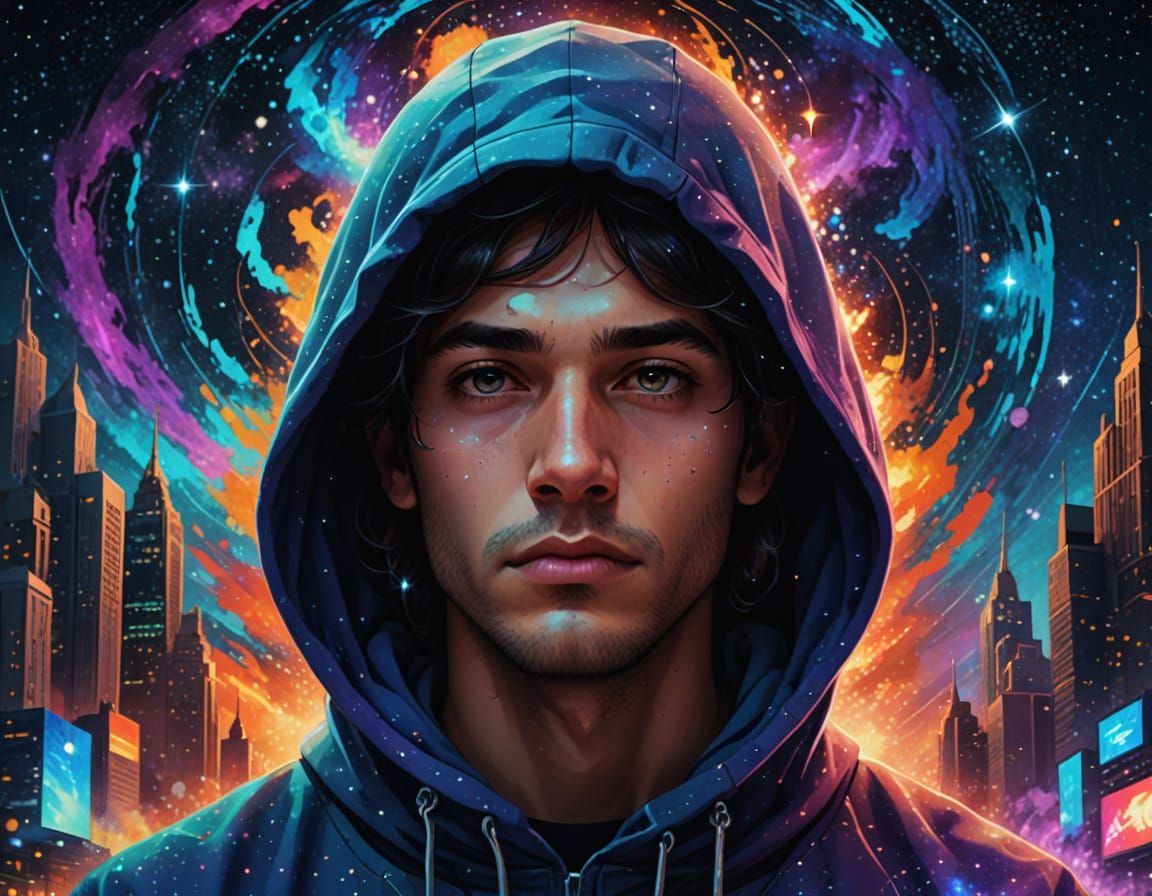 Hooded Thinker in Galaxy, Digital Art