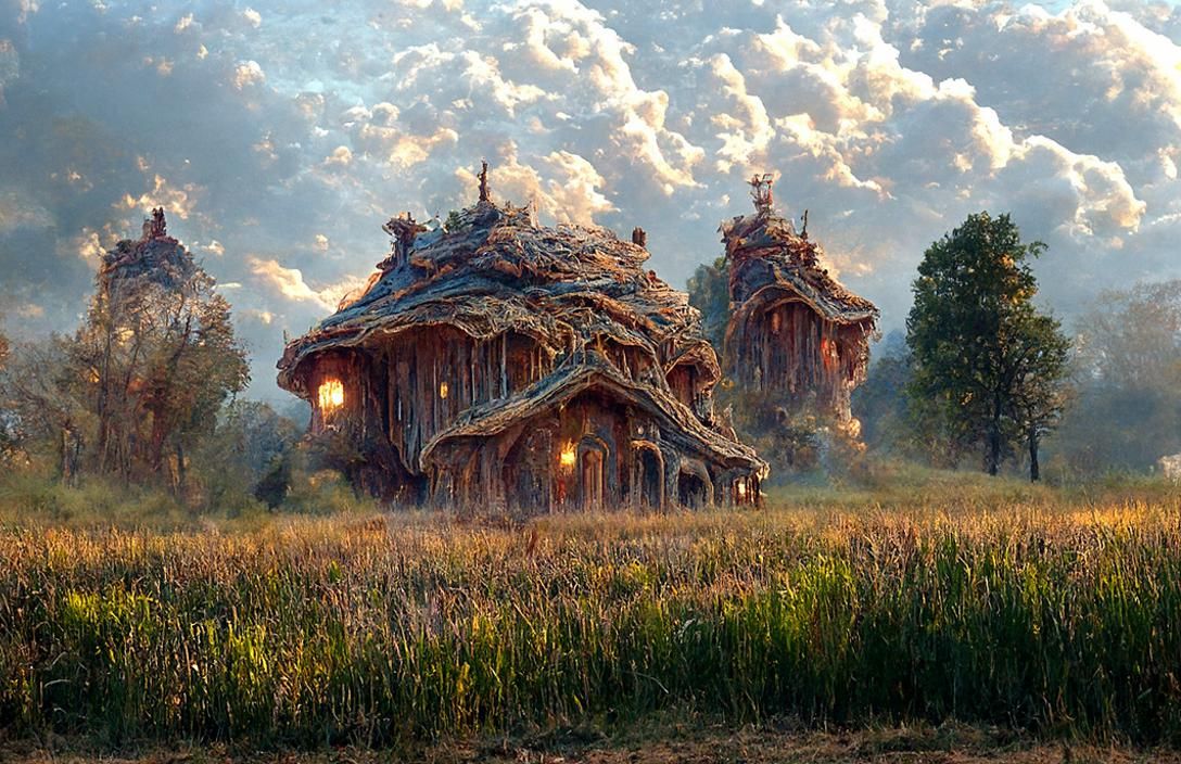 Surreal Prairie House in Ethereal Landscape