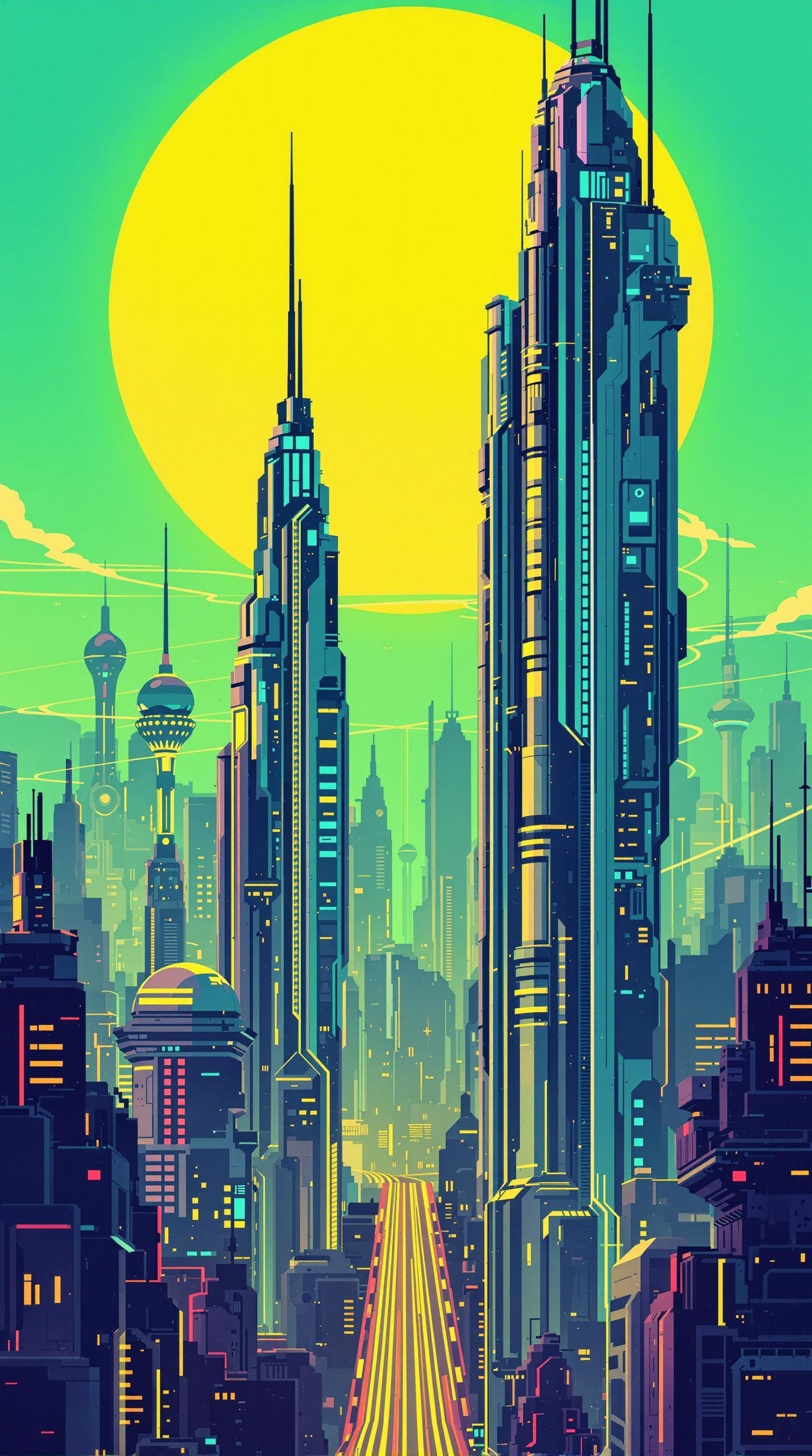 Retro-Futuristic Cityscape at Sunset in Digital Art