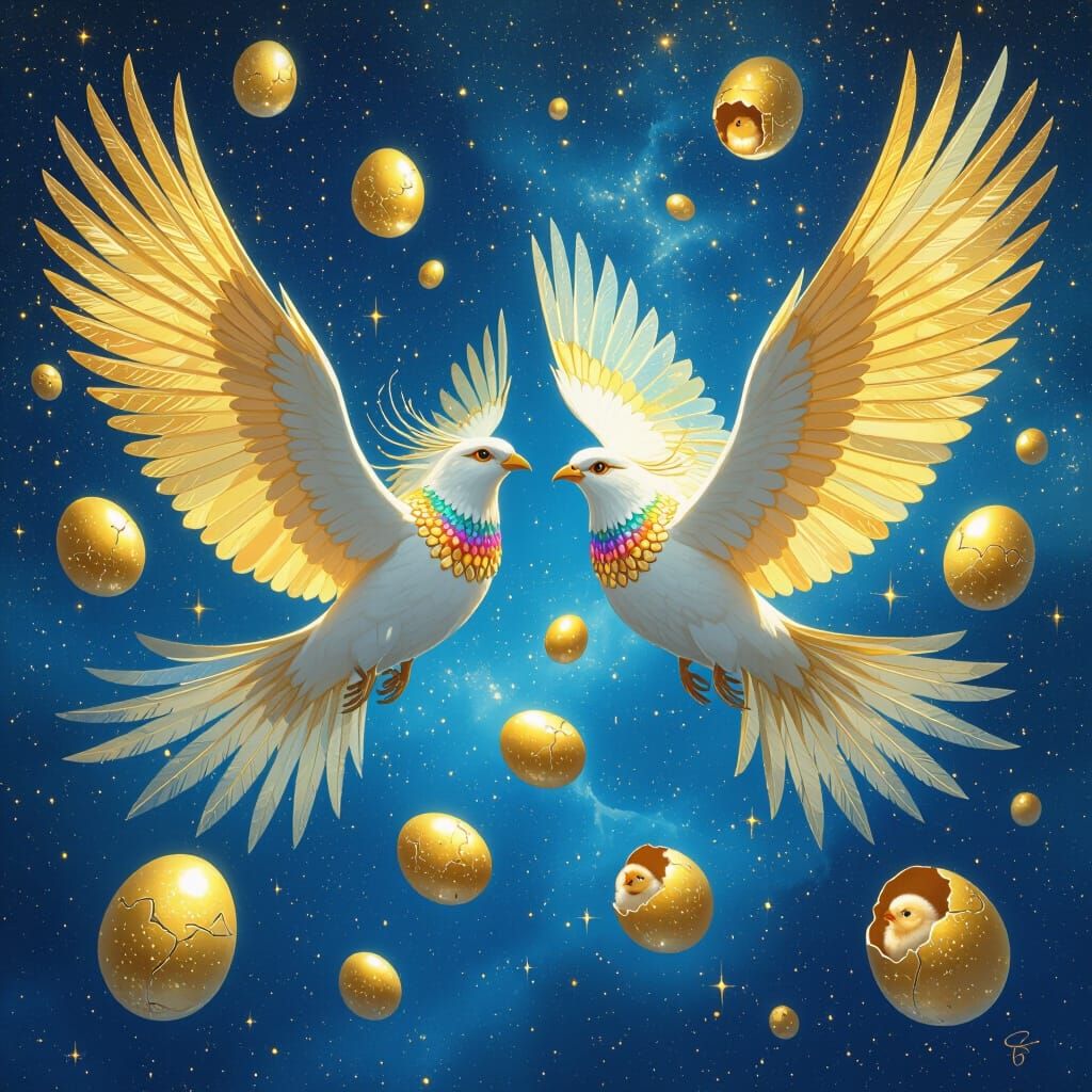 Celestial Birds Soaring in Space with Golden Eggs