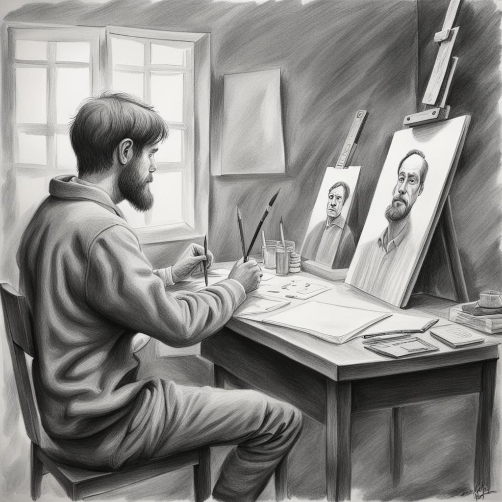 Pencil Drawing of a Person Painting Himself
