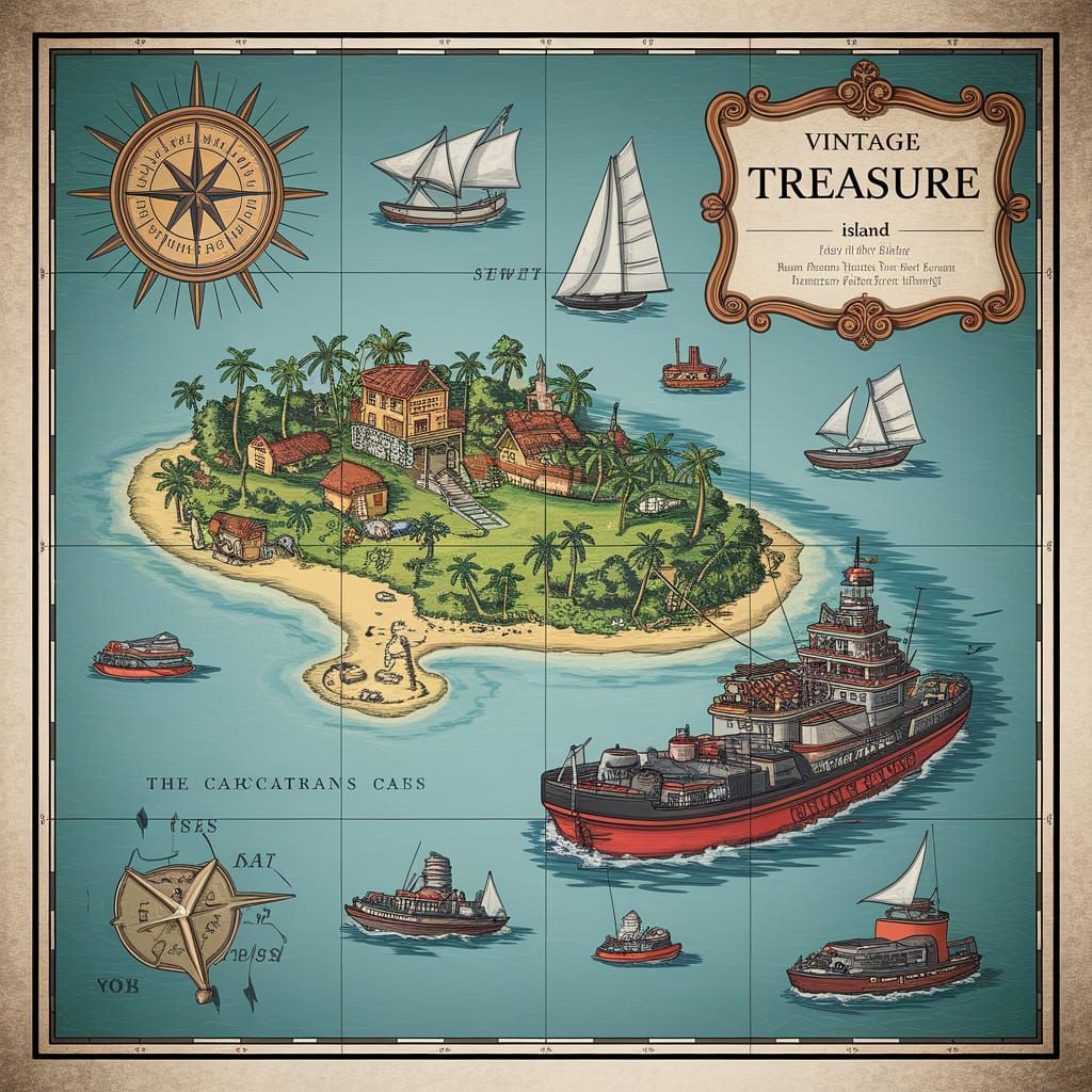 Realistic Vintage Treasure Map of Tropical Island