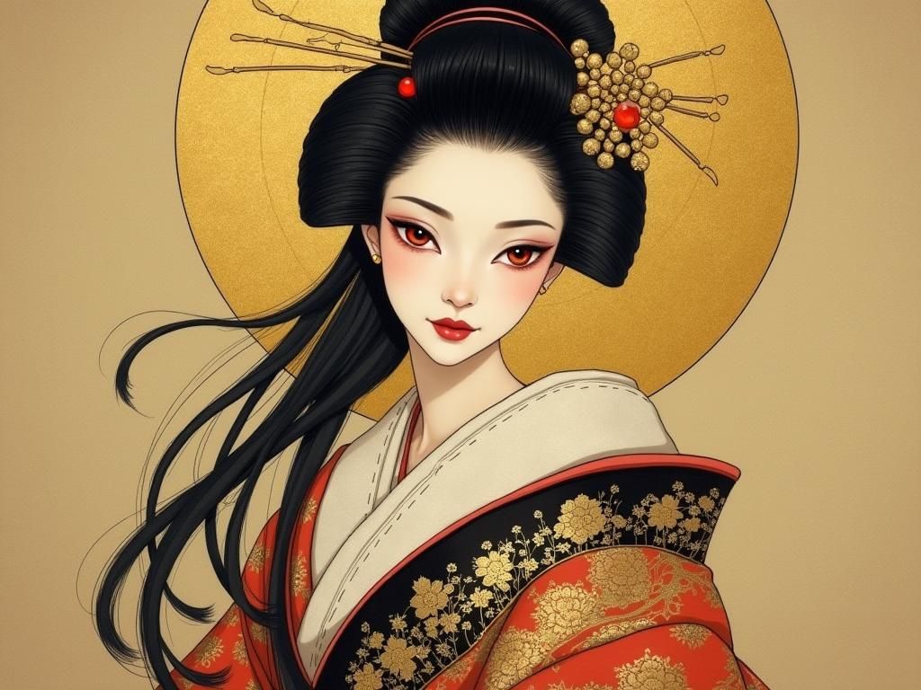 Geisha in Gold Kimono with Fiery Red Eyes