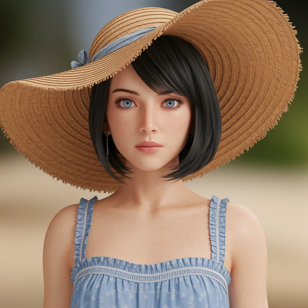 Mayuri Shiina in Blue Summer Dress, Detailed Render