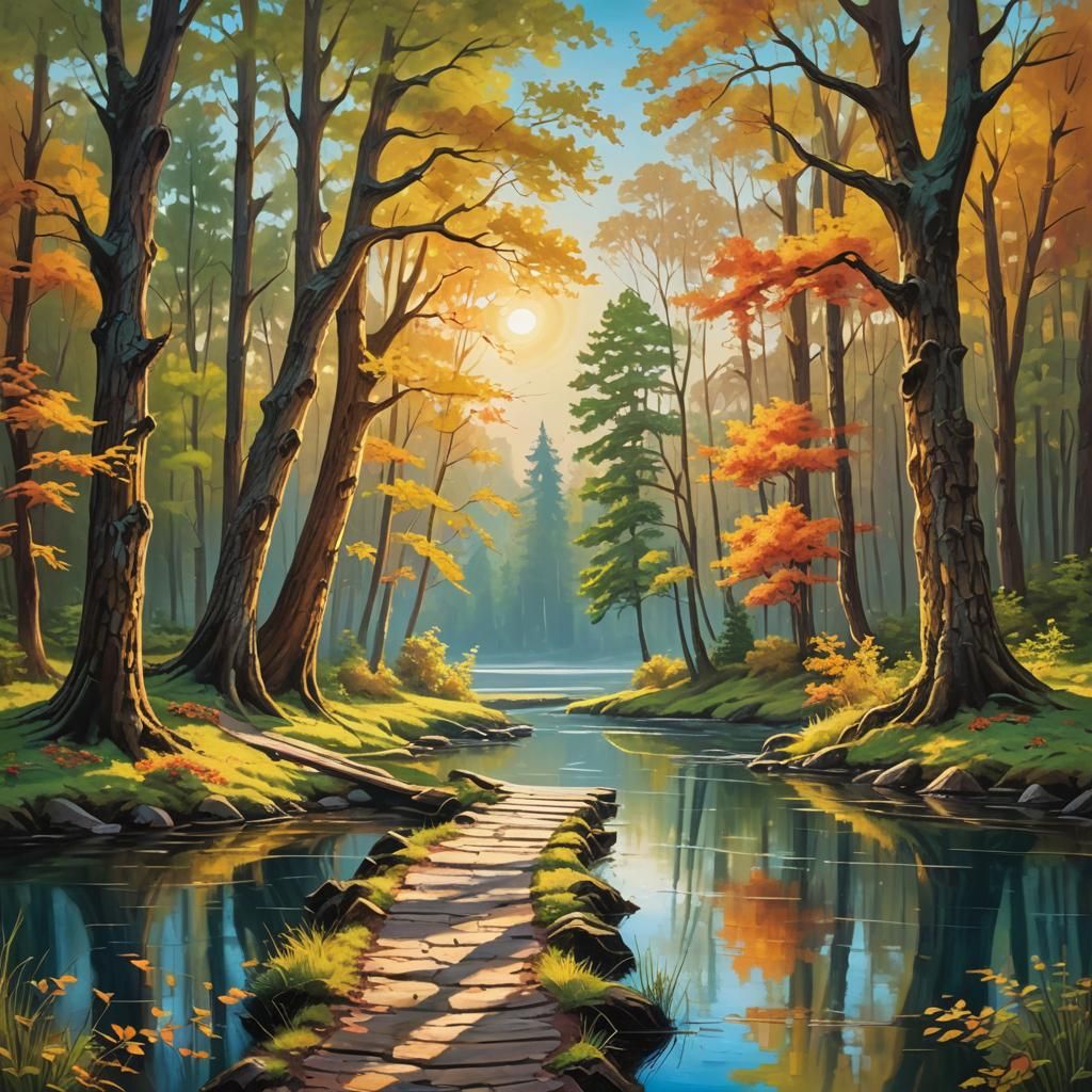 Fantasy Landscape: Impasto Oil Painting in Golden Sunlight