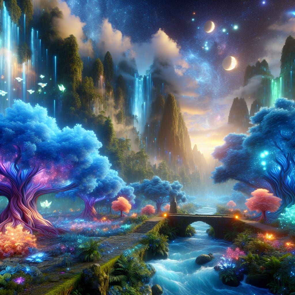 Magical Fantasy Landscape with Bioluminescent Flora