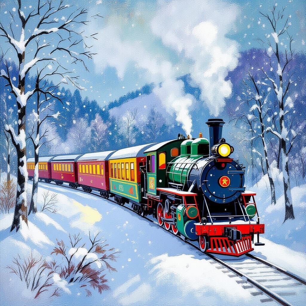 Whimsical Snow Train in Transylvania, Folk Art & Suprematist...