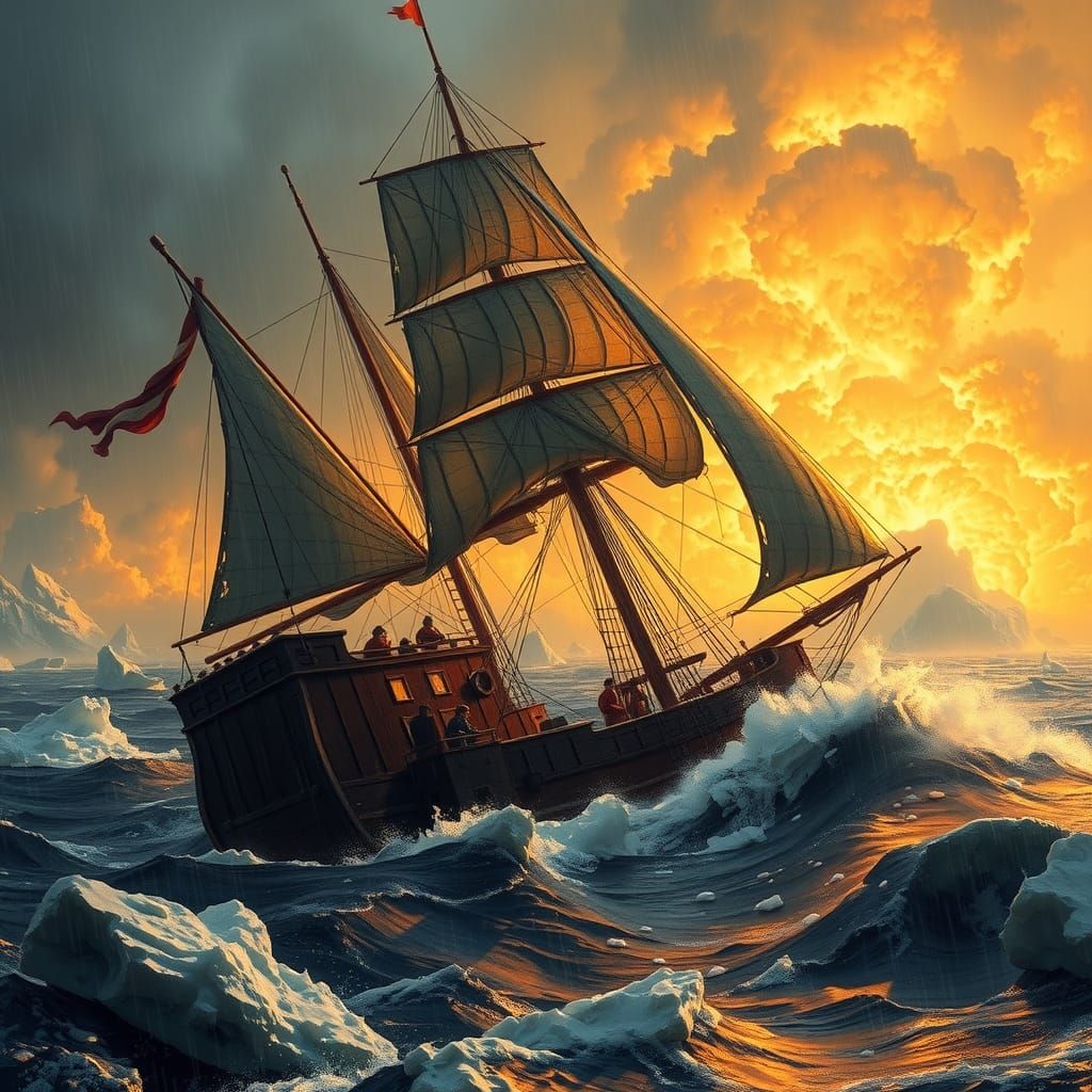 Storm-Tossed Sailing Ship Navigates Icy Waters