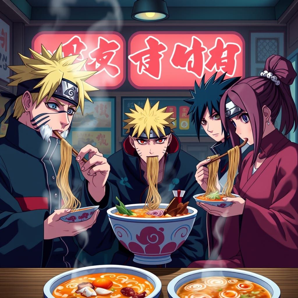 Anime Characters Eating Ramen in Cozy Ramen Shop