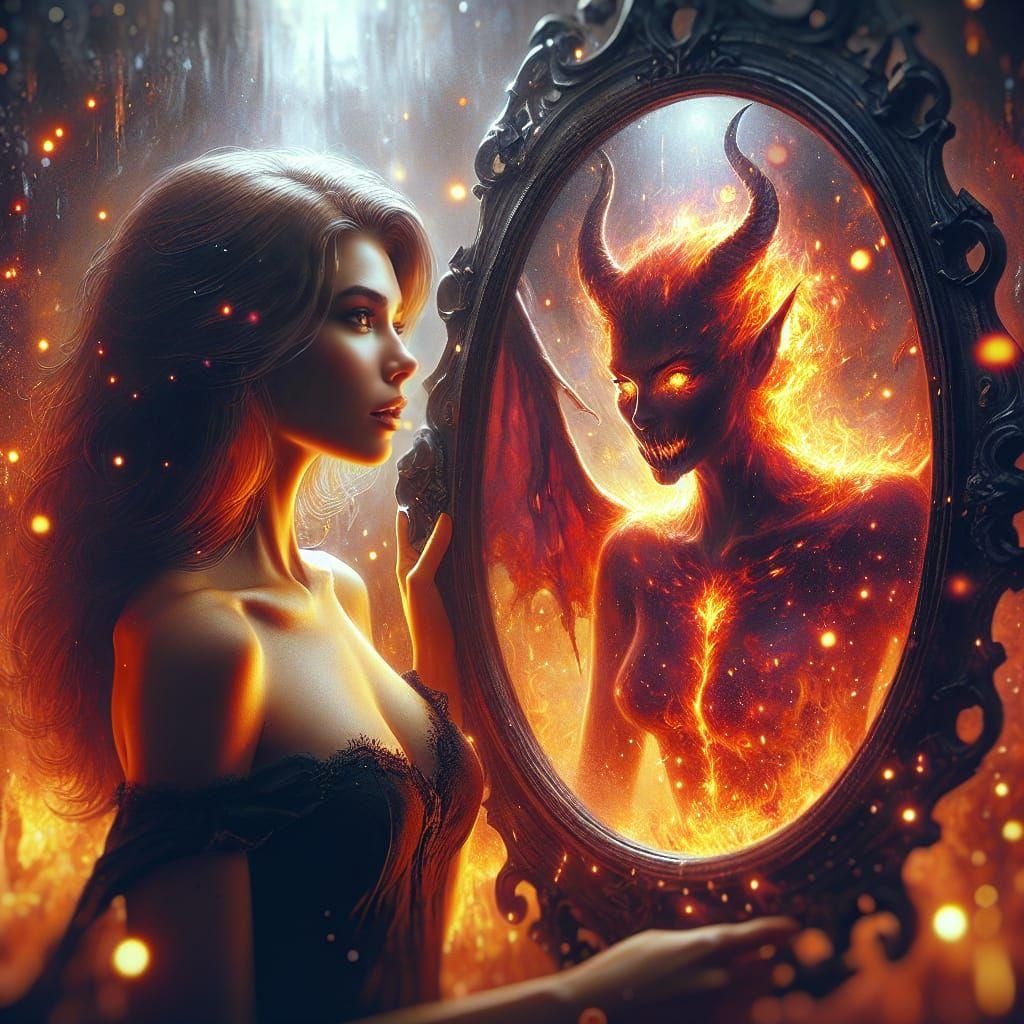 Fiery Reflection: Woman and the Fire Demon