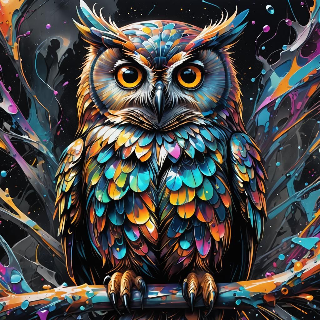 Iridescent Crystal Owl in Surreal Street Art Style