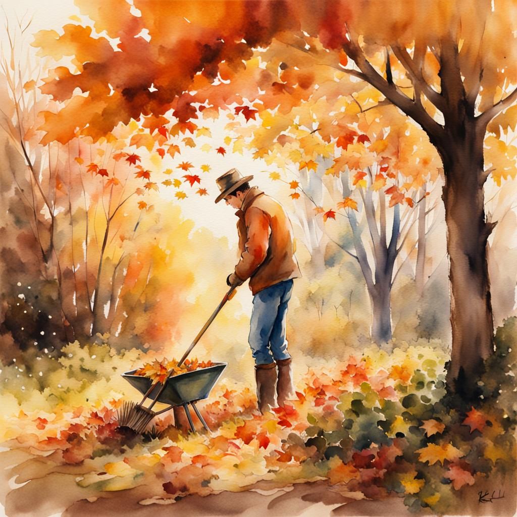 Man Raking Leaves: Whimsical Watercolor Illustration