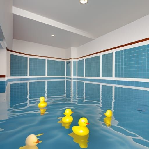 Floating Rubber Ducks in Flooded Pool Hallway