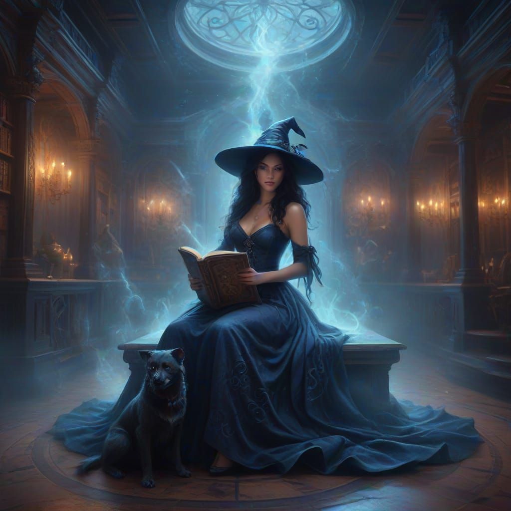 Ethereal Fantasy Witch and Cerberus in Magical Mansion