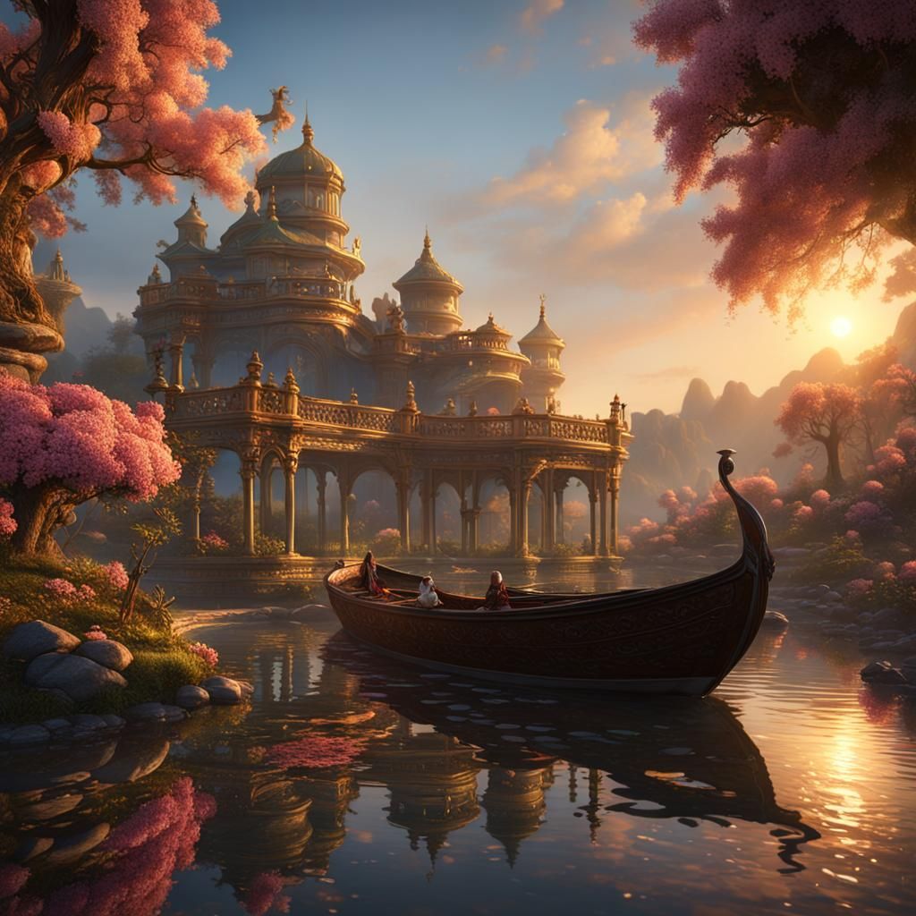 Golden Sunset Over Tranquil Waters, Fantasy Art
