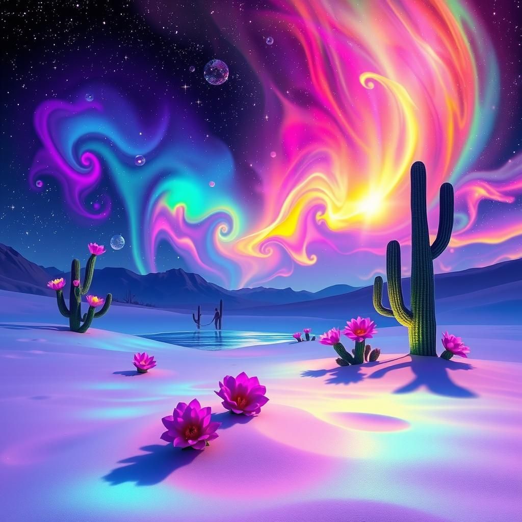 Iridescent Desert Oasis Under Aurora Sky