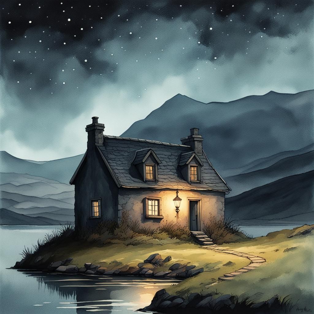 Croft House Beside Loch Under Starry Sky
