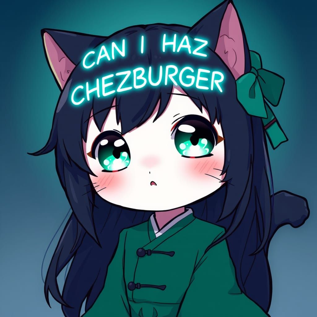 Cute Anime Catgirl with Teal Text in Synthwave Style