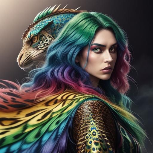 Woman with Rainbow Scales and Peacock Hair