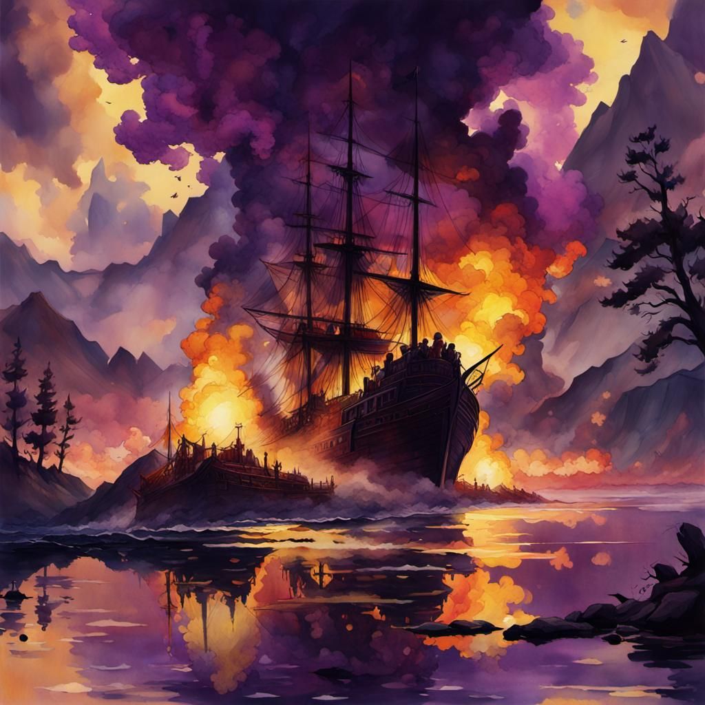 Ship Ablaze: Watercolor Dark Fantasy Seascape